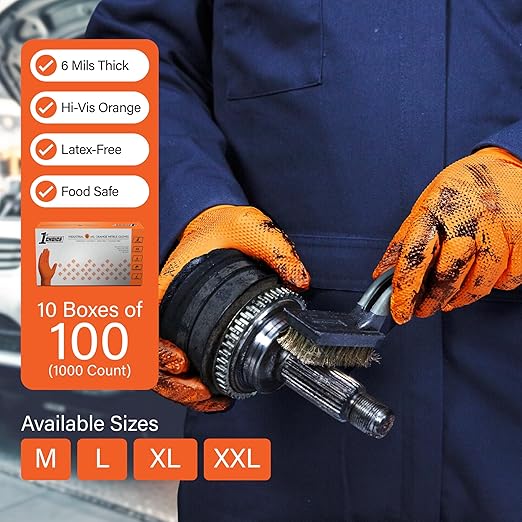 1st Choice 6 mil Orange Gloves, Disposable, Latex Free, Raised Diamond Grip, Mechanic Glove for Men, XL, Case of 1000