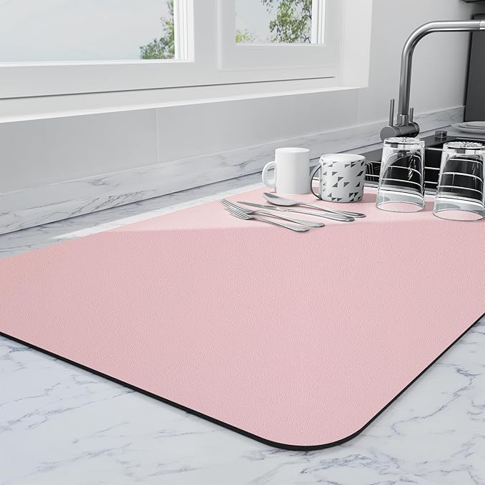 Ecotrim - Dish Drying Mat for Kitchen Counter | Coffee Bar Mat for Countertops | Heat Resistant Drainer Mat with Non-slip Rubber Backed | Hide Stain Kitchen Absorbent Draining Mat | Pink 18"x24"