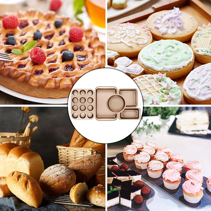 Nonstick Baking Pans Set, 5-Piece Kitchen Baking Sheets for Oven, Bakeware Sets with Round/Square Cake Pan, Muffin Pan, Loaf Pan, Roast Pan, mobzio Cookie Sheet Set Baking Supplies (Champagne Gold)
