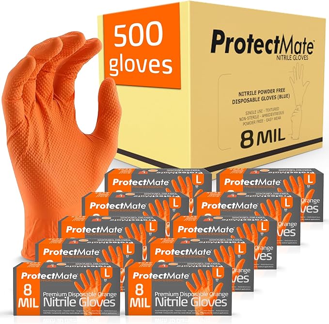Orange Heavy Duty Nitrile Gloves - 8 Mil Textured Nitrile Gloves Disposable Latex Free