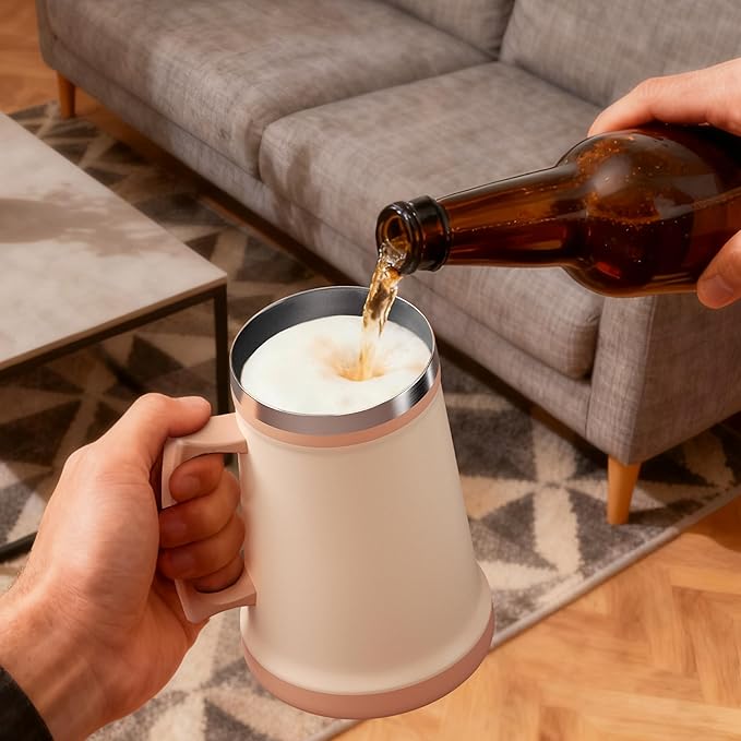 Ideus Insulated Beer Stein, 24/32oz Stainless Steel Double Walled Beer Mug Giant Bar Drinkware Metal Beer Cup with Big Grip Handle (Pale Nude, 34 ounces (1,000ml))