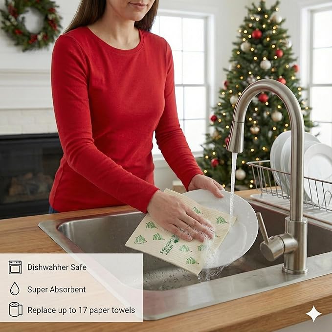 Christmas Holiday Swedish Dishcloth, Reusable Paper Towel, Super Absorbent Cellulose Sponge, Washable Kitchen Cleaning Cloth (Winter Evergreens - 1 Pack)