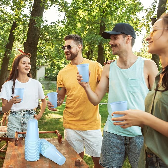 Kochorie 100 Pack Disposable Plastic Cups 16 Oz Solid Color Drinking Cups Party Supplies Strong and Sturdy Drinkware Cup For Birthday, Wedding, Baby Shower, Gender Reveal Party & Daily Use, Light Blue