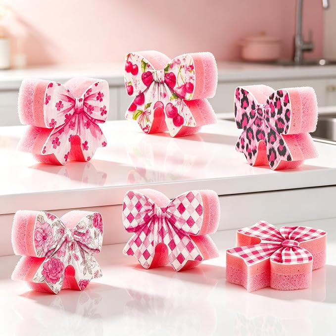 Bulimumu Kitchen Sponge Composite Swedish Dish Clothes (6, Pink Bow（6 Pack）)