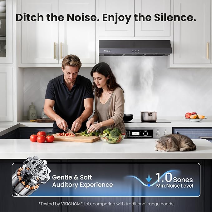 VIKIO HOME Under Cabinet Range Hood 30 Inch, 1200 CFM Dual-Motor Kitchen Vent with LED Lights, Button Control, Ducted Stainless Steel Vent Hood, Reusable 5-Layer Aluminum Filters, Black