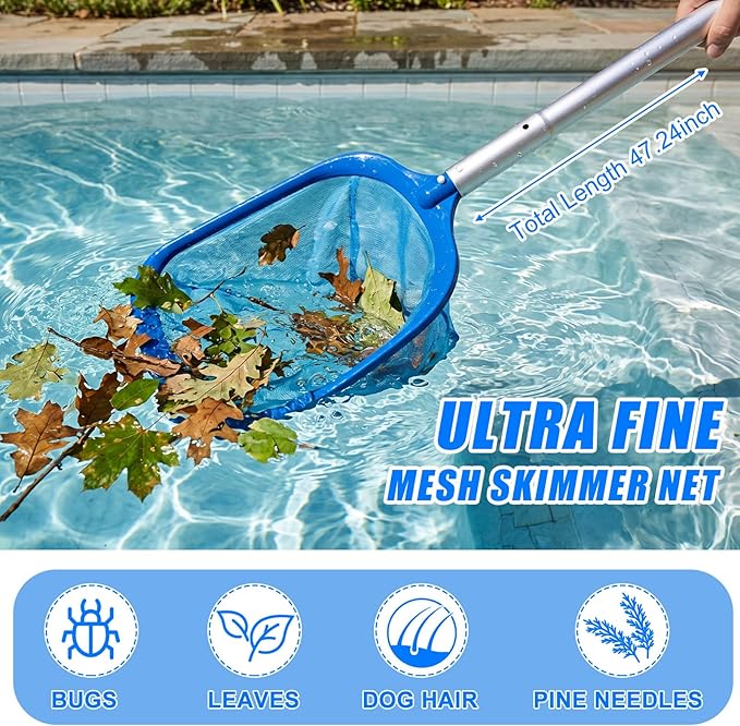 Potchen 6 Pcs Pool Cleaning Kit Include Vacuum Head, Skimmer Net, Brush Head, Telescoping Pole, Pool Chlorine Floater, and Test Strips for Above Ground Pools Hot Tubs Maintenance Tools(Round Vac)