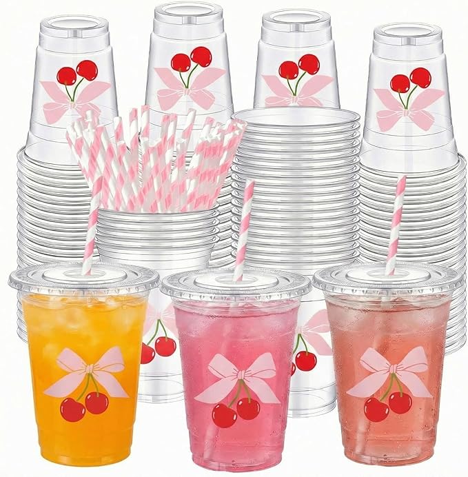 Sliner 50 Pcs 16 oz Coquette Disposable Plastic Cups with Straw for Pink Bow Cherry Party Supplies Bow Cups Birthday Wedding Bridal Engagement Party Drinkware Baby Shower Decoration