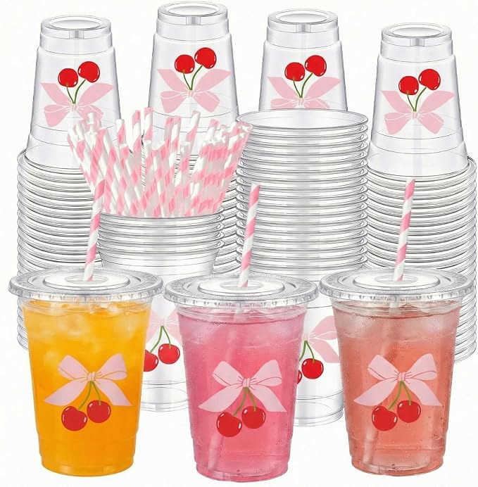 Sliner 25 Pcs 16 oz Coquette Disposable Plastic Cups with Straw for Party Supplies Bow Cups Birthday Wedding Bridal Engagement Party Drinkware Baby Shower Decoration (Cherry Bow)