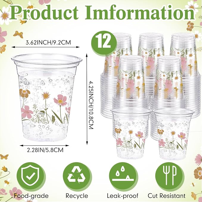 Jingmore 100 Pcs Flower Plastic Cups 12 oz Floral Wildflowers Disposable Clear Drinking Cups Bulk for Summer Spring Wedding Baby Shower Birthday Party Decorations Supplies(Boho Flower,Colorful)