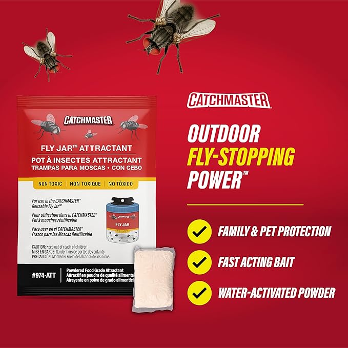 Catchmaster Reusable Fly Trap Outdoor Jar Refill 3-Pack Food-Based Lure, Bug Catcher and Flying Insect Trap Natural Attractant Refill for Pest Control, Bulk Fly Traps Attractant