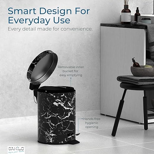 Sanilo Small Bathroom Trash Can with Lid [1.3 Gallon] - Lidded Tiny Trashcan for Garbage - Mini Metal Bin with Soft Closing Mechanism - Bath Room Accessoire Wastebin with Inner Bucket (Marble Black)