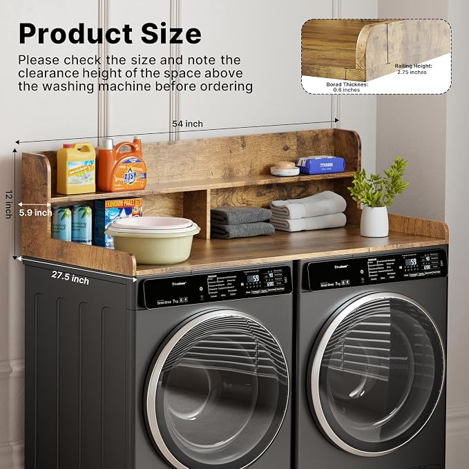 Washer Dryer Countertop with Non-Slip Pads, 2.75" H Guard, 54" W x 27.5" D Wood Laundry Countertop Cover, Large Space Washer Dryer Topper for Laundry Room Organization(Tiger Stripe)