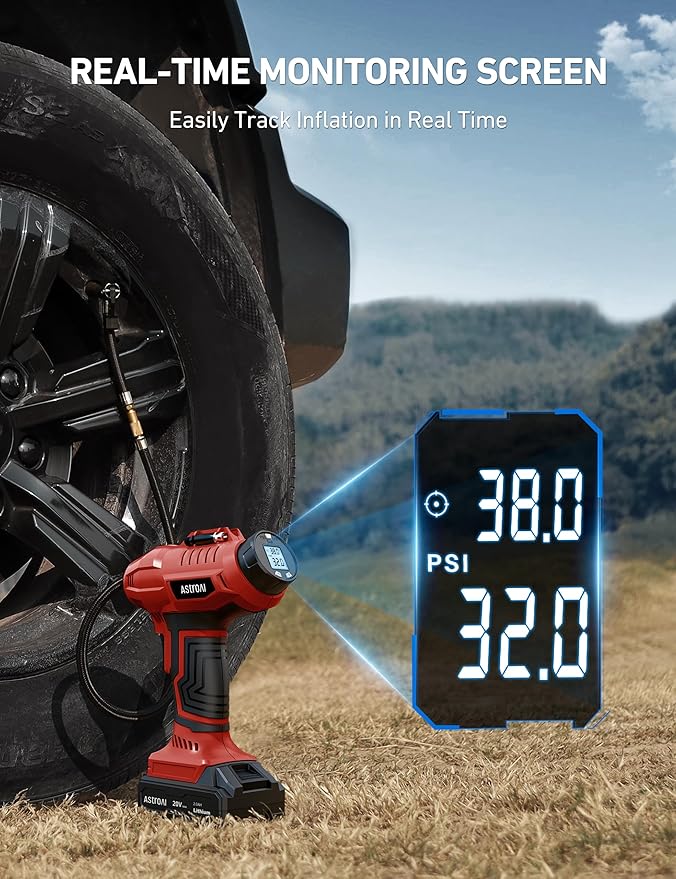 AstroAI C2 Cordless Tire Inflator Air Compressor 20V Rechargeable Battery Powered 160PSI Portable Air Pump with 12V Car Power Adapter Digital Pressure Gauge for Cars Motorcycles Red