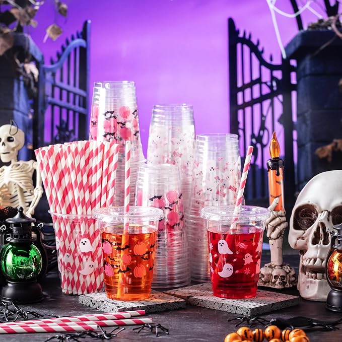 Yaomiao 300 Pcs 12 oz Halloween Plastic Cups with Lids and Straw Halloween Plastic Cup Disposable Clear Tumbler Whiskey Tumbler Pink Pumpkin Ghost Bat Witch Drinking Set for Party Supply