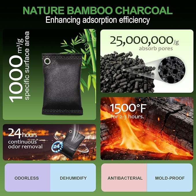 Activated Charcoal Odor Absorber, 10 Pack Natural Shoe Odor Eliminator, Bamboo Charcoal Air Purifying Bags, Sneaker Deodorizer and Moisture Absorbers for Clean Footwear, Shoe Odor Remover