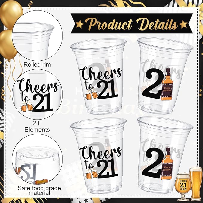 Jingmore 50 Pcs Birthday Plastic Cups 12 oz Birthday Disposable Plastic Cups Thick Clear Drinkware for Men Women Celebrate Party Supplies(21st)