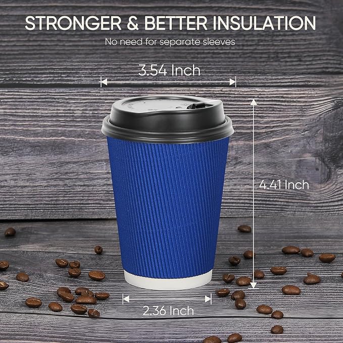 100 Pack 12 oz Disposable Coffee Cups with Lids and Straws, Insulated Ripple Wall To Go Paper Corrugated Cups, Bulk for Hot/Cold Drinks, Cafe Bar, Office, Chocolate, Cocoa (Navy)