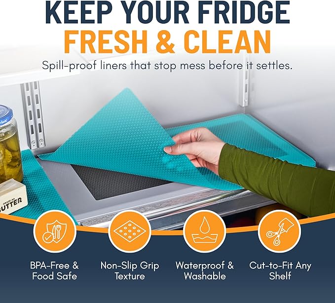 Refrigerator Liners for Shelves by Linda’s Essentials - Easy to Clean Fridge Liner with Spill Protection Fridge Shelf Liners & Drawer Liner, Nonslip BPA-Free Refrigerator Mats (Blue Roll)