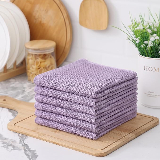 Kitinjoy 100% Cotton Kitchen Dish Cloths (12 X 12 Inches, Lavender), 6 Pack Waffle Weave Ultra Soft Absorbent Dish Towels for Drying Dishes Quick Drying Kitchen Towels Dish Rags