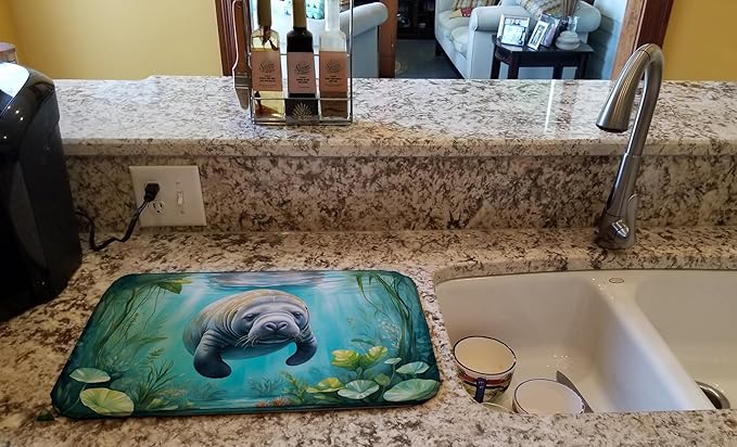 Caroline's Treasures Manatee in a Crystal-Clear Spring Dish Drying Mat Absorbent Dish Drying Mat Pad for Kitchen Counter Dish Drainer Mat for Countertop, 14 x 21", Multicolor