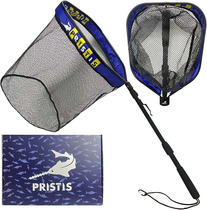 Pristis Floating Lightweight Fishing Net with Telescopic Pole Handle, 20'' Deep Net, Rubber Coat Landing Net Freshwater Saltwater, 39'' Foldable Extendable Dip, Boat Kayak for Catch Release