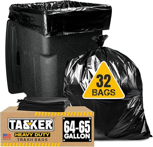 Tasker 65 Gallon Trash Bags for Toter, (Value-Pack 32 Count w/Ties) Heavy Duty Extra Large Garbage Bags for 64-65 Gallon Outdoor Trash Cans, Yard Waste and Lawn Debris