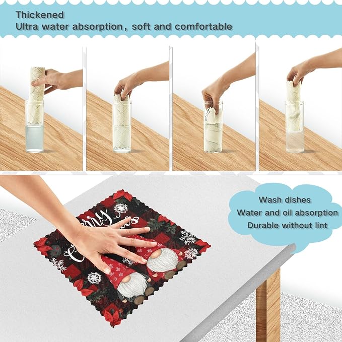 Red Black Checkered Christmas Gnome Kitchen Towels Dish Cloths Set of 6 Microfiber Cleaning Cloths for Cars Super Absorbent Machine