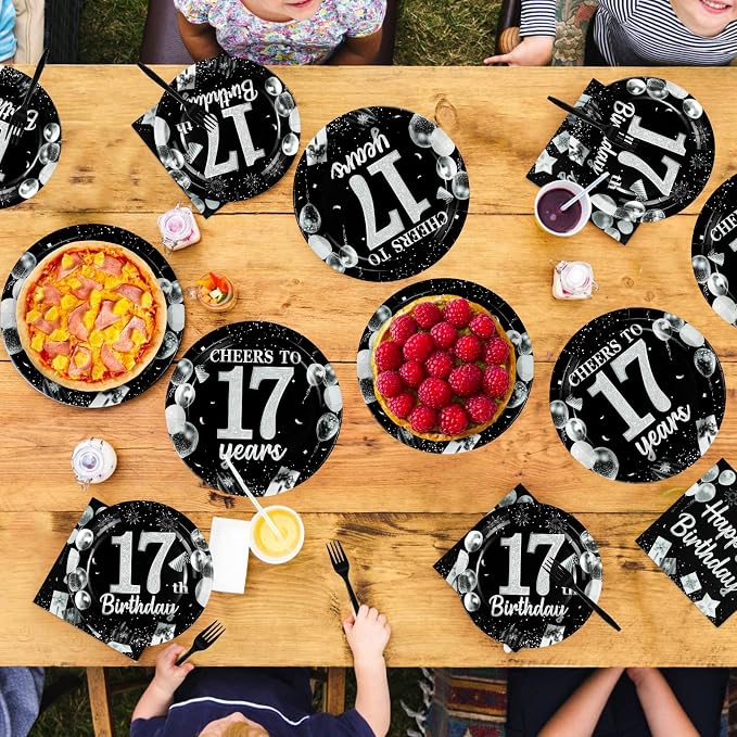 96Pcs 17th Black and Silver Birthday Party Supplies Cheers to 17 Years Plates and Napkins Disposable Happy 17th Birthday Tableware Set for 17 Years Old Graduation Party Serves 24