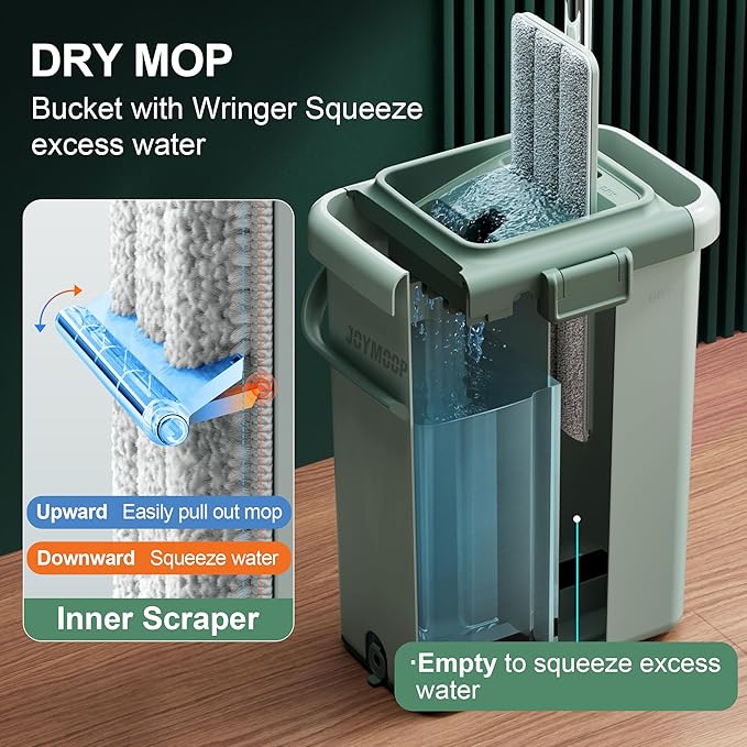 JOYMOOP Mop and Bucket Set, Commercial & Household Use Flat Mop with Bucket, Wall Cleaner with Long Handle, Microfiber Mop Bucket with 3 Reusable 15" Pads