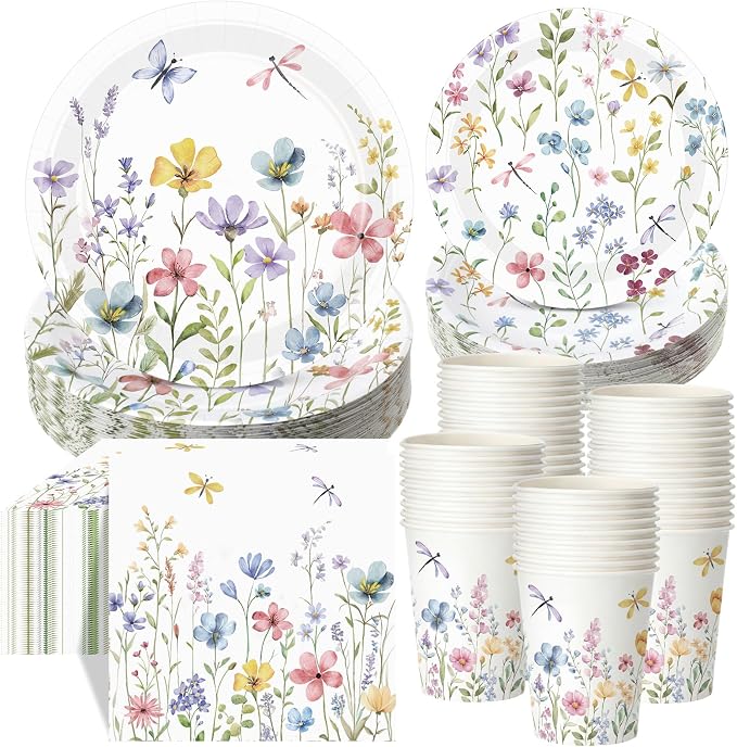 Pickmesh 250 Pcs Spring Floral Disposable Tableware Set Wildflower Butterfly Disposable Paper Plates Napkins and Cups for Baby Bridal Shower Birthday Wedding Baby in Bloom Garden Tea Party Supplies