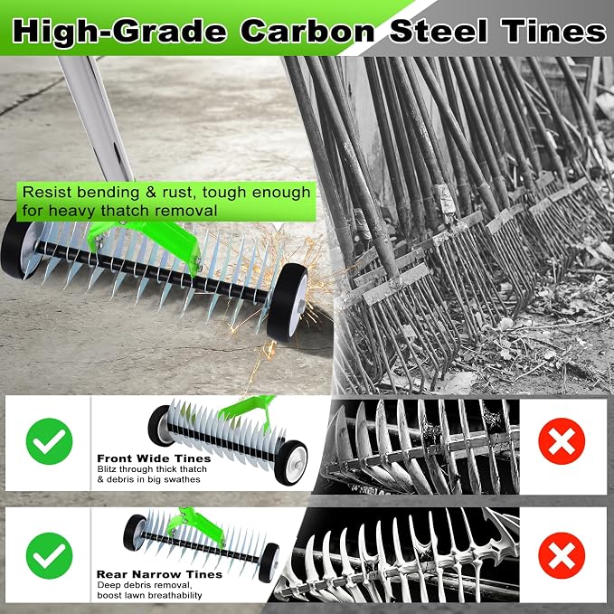 Rolling Thatch Rake for Lawns, 15.28 Inch Steel Dethatcher Rake with Wheels, Adjustable 0-15° Angle & 62.99 Inch Handle, Heavy-Duty Yard Tool for Dead Grass/Moss Removal & Lawn Care