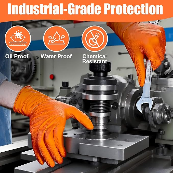 TREEGO 10 Mil Nitrile Gloves Disposable Orange Gloves - Heavy Duty Rubber Mechanic Gloves with Double Diamond Grip, Latex Free Industrial Work Gloves for Tools & Garage, 50 Count Medium