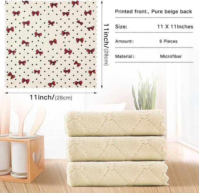 JIPONI 6 Pack Kitchen Dishcloth, Cute Bow Polka Dot Absorbent Kitchen Towels for Dishes, Fast Drying Microfiber Dish Rags, 11x11 inch