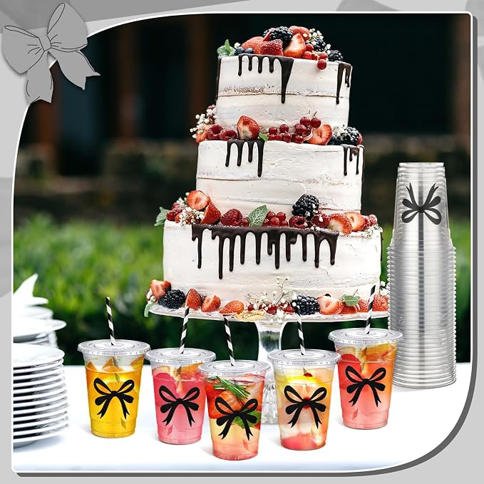 Sliner 25 Pcs 16 oz Coquette Disposable Plastic Cups with Straw for Party Supplies Bow Cups Birthday Wedding Bridal Engagement Party Drinkware Baby Shower Decoration (Black Bow)