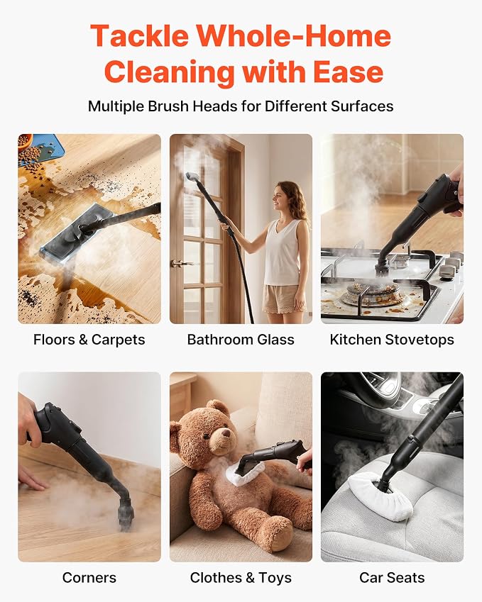 VEVOR Steam Cleaner, 34 oz Tank, Steamer for Cleaning with 20 Accessories, Extended Power Cord and Hose, Portable Handle, Fast Heating, Powerful Canister Steam Cleaner for Home, Car Detailing, Floors