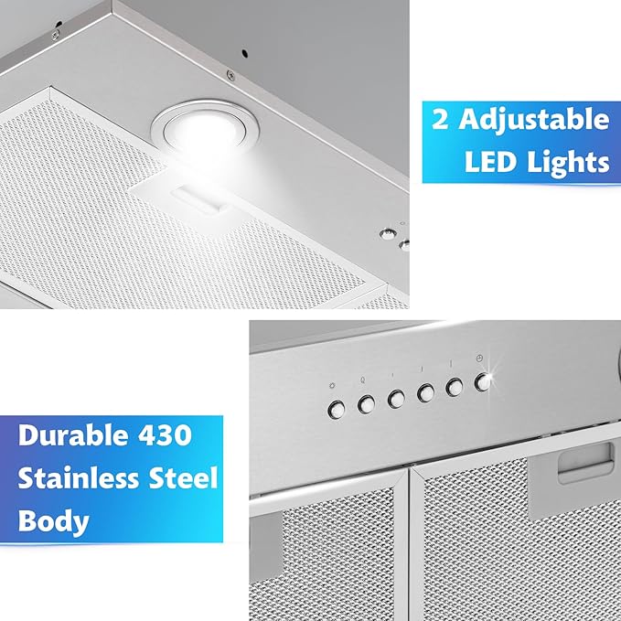 ONEEON 24" Range Hood Insert, 500CFM Stainless Steel Built-in Kitchen Vent, 4-Speed Exhaust Fan, Dishwasher-Safe Baffle Filters, LED Lights & 3-Min Delayed Shutdown.