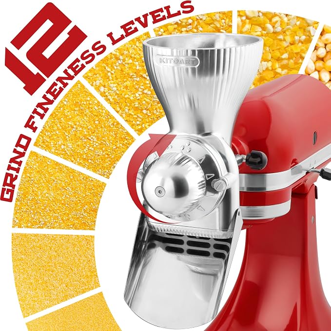Grain Mill Attachment for KitchenAid Stand Mixer with 12 Grind Level Flour Mill, Grain Mill Fit for Grinding Wheat, Corn, Oats, Buckwheat,Millet and Other Cereals - New Upgrades