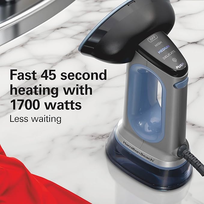 Hamilton Beach Durathon 3-in-1 Travel Steamer for Clothes & Steam Iron | 45 Second Heat-Up with 1700 Watts | 300ml Removable Water Tank | 27 Minutes of Steam | Auto Shutoff | Gray & Blue | 11559