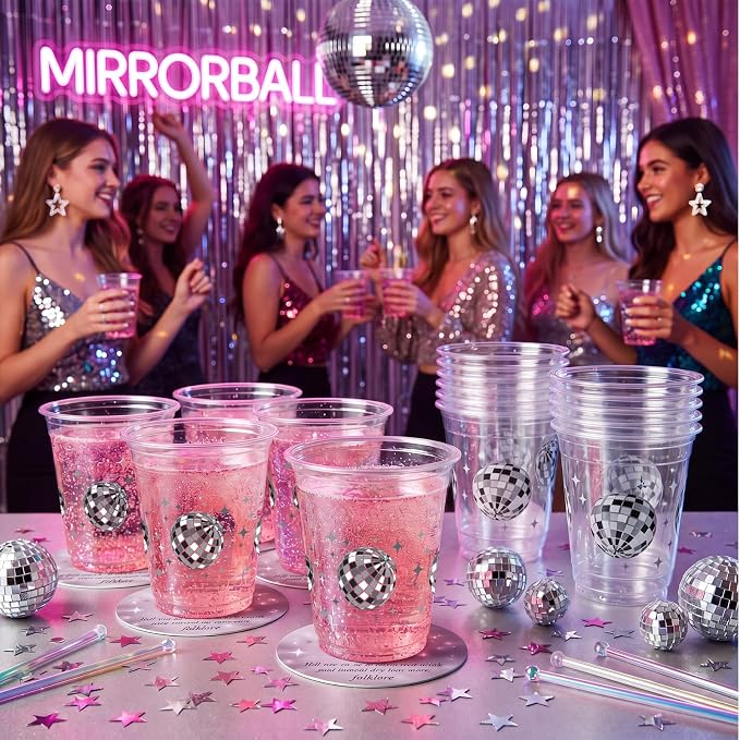 Uiifan 50 Pcs Disco Plastic Cups Disco Ball Party Decorations 12 oz Disposable Clear Decades Bachelorette Cups for Cowgirl Y2k Birthday Wedding 70s 80s 90s Party Supplies Bridal Shower Favors