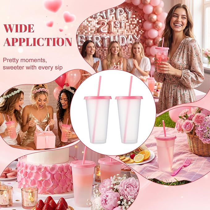 Honeydak 100 Pack Tumbler with Straw and Lid Bulk Cups for Gifts Water Bottle Iced Coffee Travel Mug Cup Reusable Plastic Tumblers for Party Birthdays 24-27 oz (Clear and Pink Color)