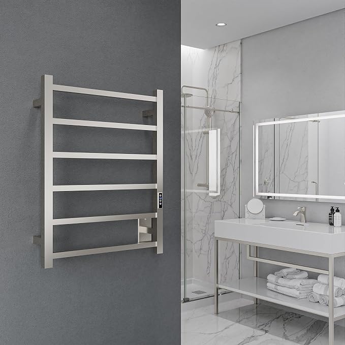 ANZZI Charles 6-Bar Wall Mount Brushed Nickel Towel Warmer | Energy Efficient 68W Electric Plug in Heated Towel Rack for Bathroom | Stainless Steel Towel Heater Rail Quick Towel Dryer | TW-AZ014BN