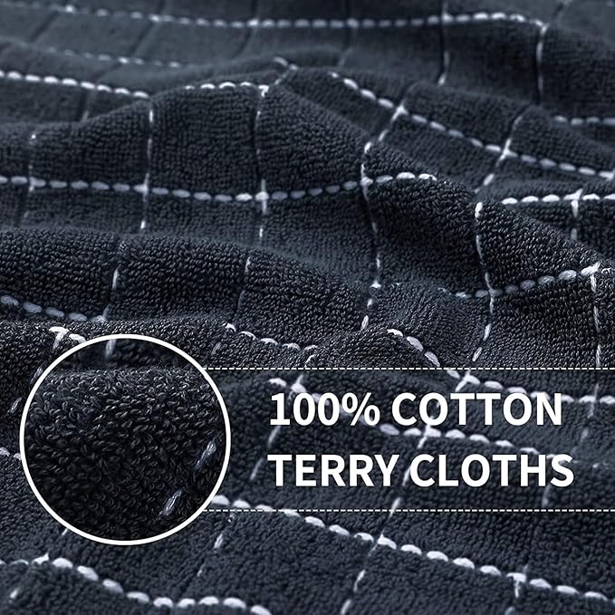 Homaxy 100% Cotton Terry Kitchen Towels(Dark Grey, 13 x 28 inches), Checkered Designed, Soft and Super Absorbent Dish Towels, 24 Pack