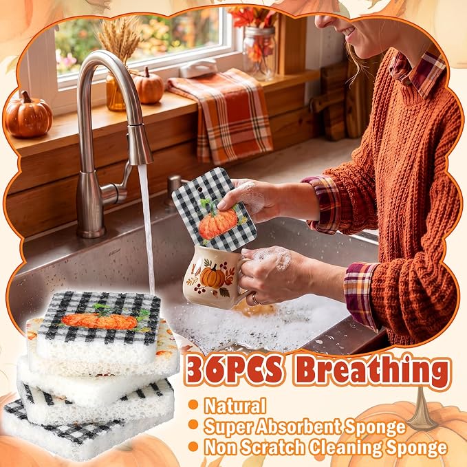 Hahafelt 36 Pack Fall Pumpkin Compressed Cellulose Sponges Bulk Pop up Autumn Natural Kitchen Compostable Non Scratch Dish Sponges for Washing Dishes, Cleaning Countertop Sink