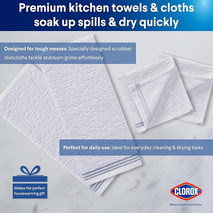 Clorox Premium Kitchen Set - Perfect for Home Cleaning & Handling Dishes - 2 Cotton Kitchen Towels, 2 Cotton Dishcloths, Mini Oven Mitt, Dish Drying Mat, 2 Scrubber Dishcloths - 8 Pc Set