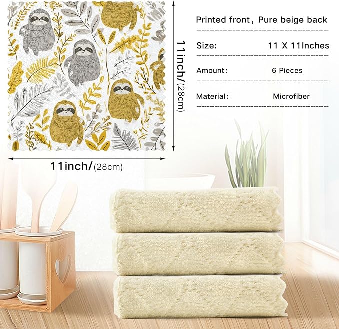 Cartoon Sloths Leaves White Kitchen Towels Dish Cloths Set of 6 Microfiber Cleaning Cloths for Cars Super Absorbent Machine