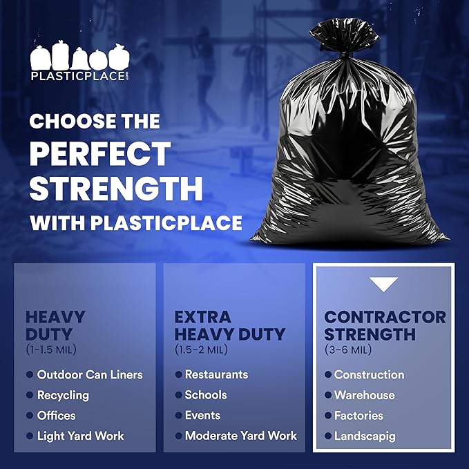 Plasticplace Contractor Trash 42 Gallon │ 3.0 Mil │ Black Heavy Duty Garbage Bag │ 33” x 48” (50 Count) (CON50)