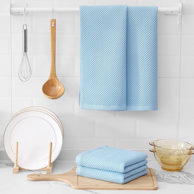 Kitinjoy 100% Cotton Waffle Weave Kitchen Hand Towels (13 X 28 Inches, Sky Blue), 4-Pack Super Soft and Absorbent Dish Towel for Drying Dishes