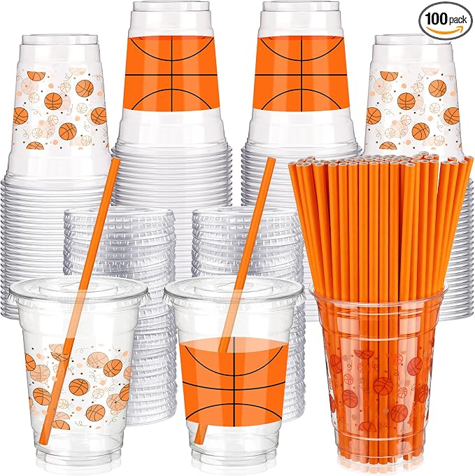Yaomiao 300 Pcs 12 oz Basketball Plastic Cups with Lids and Straw Plastic Disposable Clear Cups Happy Basketball Theme Party Drinking Set for Party Supply