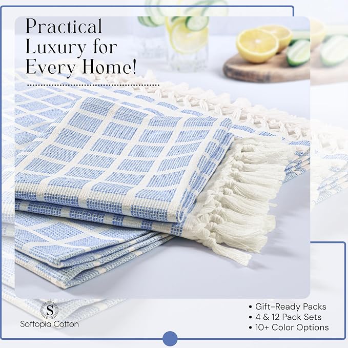 Matrix Dobby Kitchen Towels 4 Pack, 100% Cotton, 16x26 Inches, Handmade Knotted Tassel Dish Towels, Quick Dry, Durable, Absorbent and Reusable Cleaning Cloths - Sky Blue, Natural
