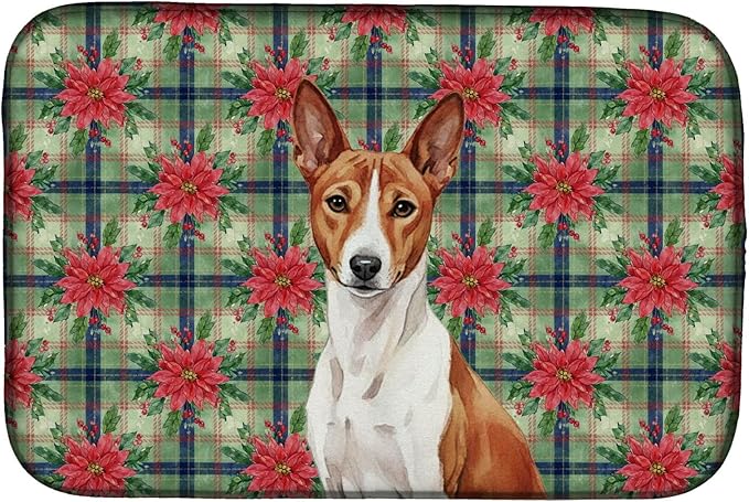 Caroline's Treasures Red and White Basenji Christmas PoinsettIas Dish Drying Mat Absorbent Dish Drying Mat Pad for Kitchen Counter Dish Drainer Mat for Countertop, 14 x 21", Multicolor